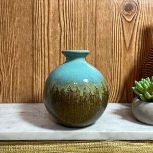 Art Pottery Elegant Turquoise and Brown Drip Crystalline Glaze Vase 5.5”